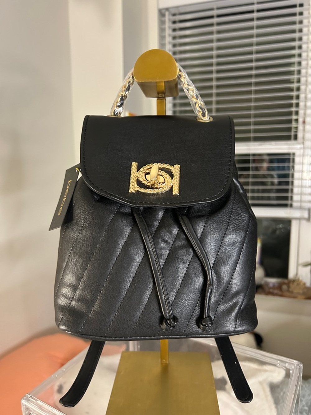 Bebe Black Quilted Vegan Leather Mini Backpack with Gold Hardware 8”x 7”x 3” NWT